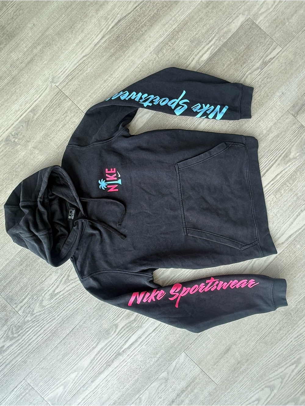 Nike Women's Black Hoodie with Pink & Teal Logo